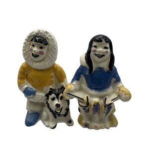 Vintage Ceramic Eskimo Figurines Salt & Pepper Shakers With Husky Dog